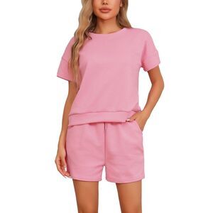 Short Sleeve Tops and Shorts with Pockets Matching Lounge Pajama Sets Pink